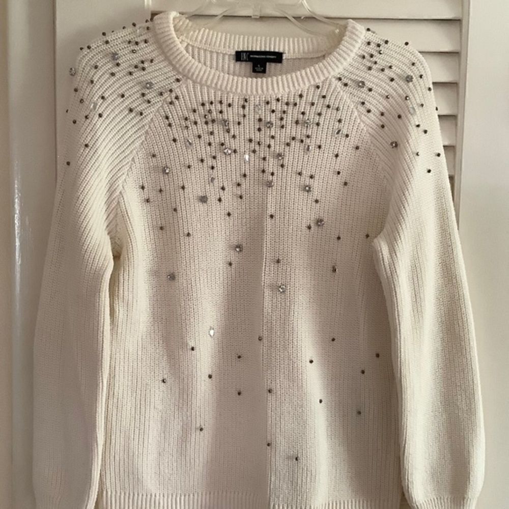 𝅺inc INTERNATIONAL CONCEPT COTTON WHITE EMBROIDERED RHINESTONE WOMAN SWE…